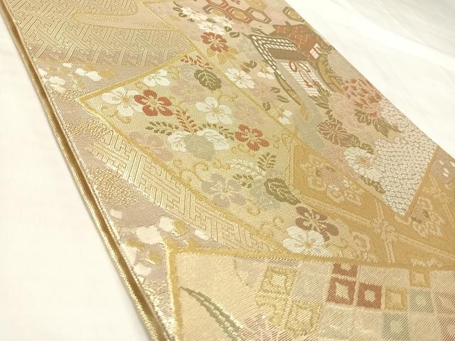 平和屋着物◎佐賀錦 六通柄袋帯 御所車色紙重ね鴛鴦花文 金糸 正絹 逸品 AABL5922yx