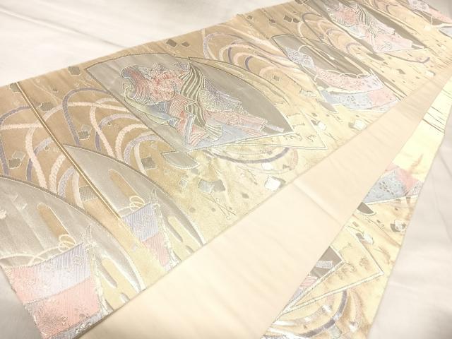 平和屋着物◎六通柄袋帯 唐織 扇面几帳文 銀糸 正絹 逸品 AABL5932yx