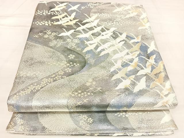 平和屋着物◎佐賀錦 六通柄袋帯 流水群鶴花草文 金銀糸 正絹 逸品 AABL5942yx