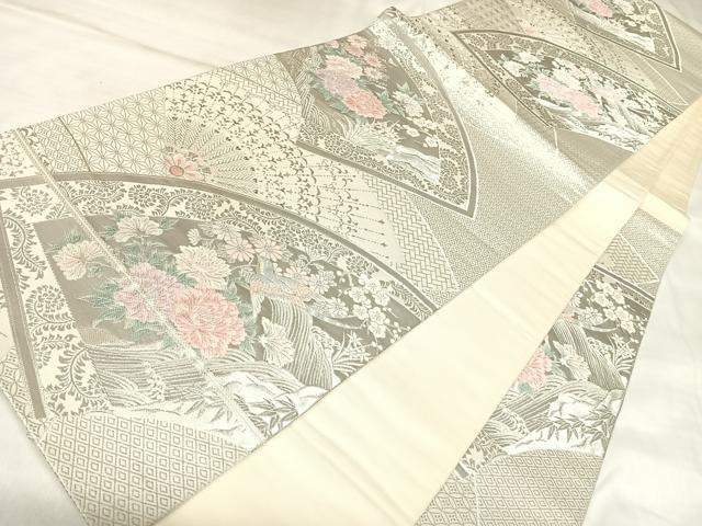 平和屋着物◎六通柄袋帯 唐織 地紙花鳥孔雀羽文 九百錦プラチナ箔 正絹 逸品 AABL5951yx