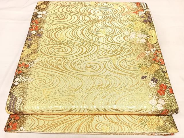 平和屋着物◎佐賀錦 六通柄袋帯 唐織 流水草花文 金糸 正絹 逸品 AABL5953yx