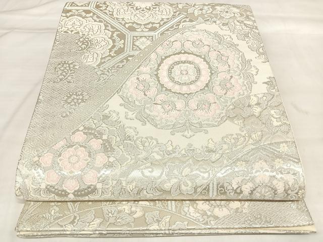平和屋着物◎六通柄袋帯 唐織 正倉院草花文 銀糸 正絹 逸品 AABL5966yx