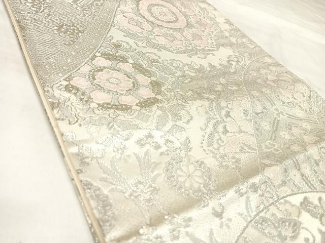 平和屋着物◎六通柄袋帯 唐織 正倉院草花文 銀糸 正絹 逸品 AABL5966yx