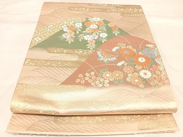 平和屋着物◎六通柄袋帯 唐織 遠山エ霞花蝶文 金糸 正絹 逸品 AABL5973yx