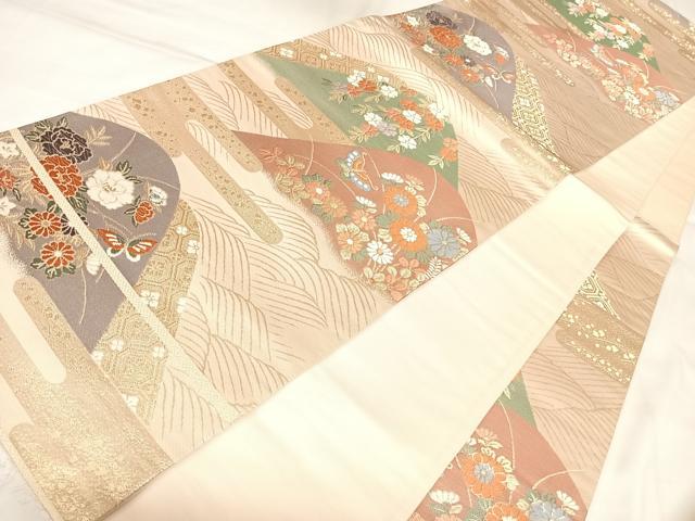 平和屋着物◎六通柄袋帯 唐織 遠山エ霞花蝶文 金糸 正絹 逸品 AABL5973yx