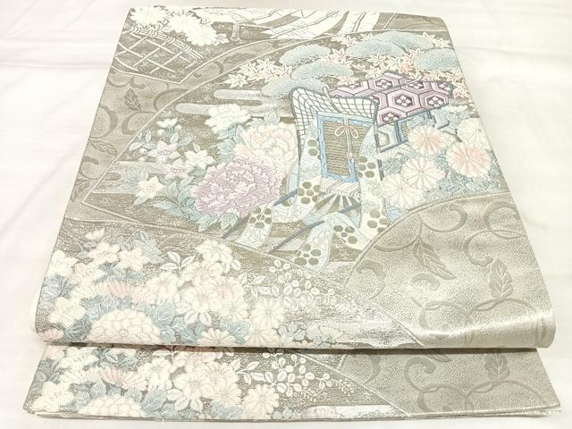 平和屋着物◎六通柄袋帯 唐織 地紙御所車鴛鴦花文 プラチナ箔九百錦 正絹 逸品 AABL5978yx