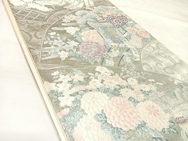 平和屋着物◎六通柄袋帯 唐織 地紙御所車鴛鴦花文 プラチナ箔九百錦 正絹 逸品 AABL5978yx