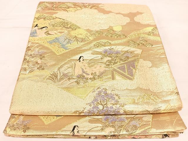 平和屋着物◎六通柄袋帯 唐織 地紙人物風景文 金糸 正絹 逸品 AABL5982yx