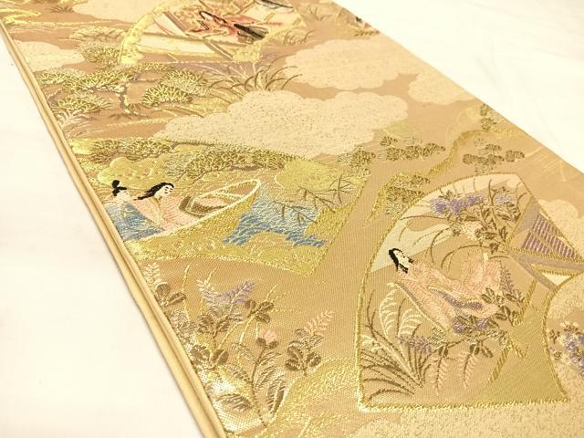 平和屋着物◎六通柄袋帯 唐織 地紙人物風景文 金糸 正絹 逸品 AABL5982yx