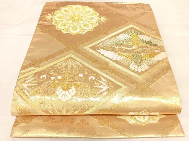 平和屋着物◎六通柄袋帯 唐織 正倉院双鶴花菱文 金糸 正絹 逸品 AABL6002yx