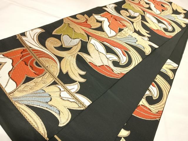 平和屋着物◎六通柄 本袋帯 唐織 舞花文 黒地 金糸 正絹 逸品 AABL6009yx