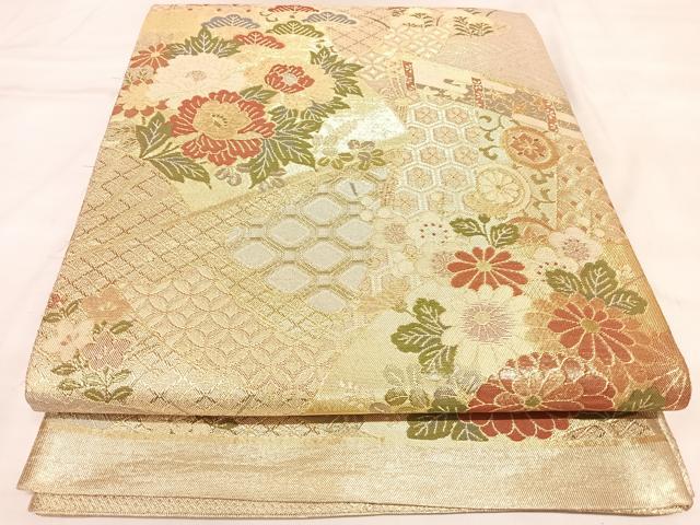 平和屋着物◎佐賀錦 六通柄袋帯 扇面花松文 金糸 正絹 逸品 AABL6031yx