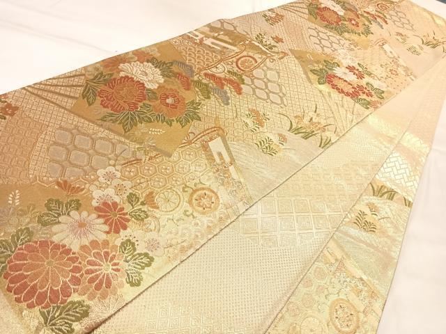 平和屋着物◎佐賀錦 六通柄袋帯 扇面花松文 金糸 正絹 逸品 AABL6031yx