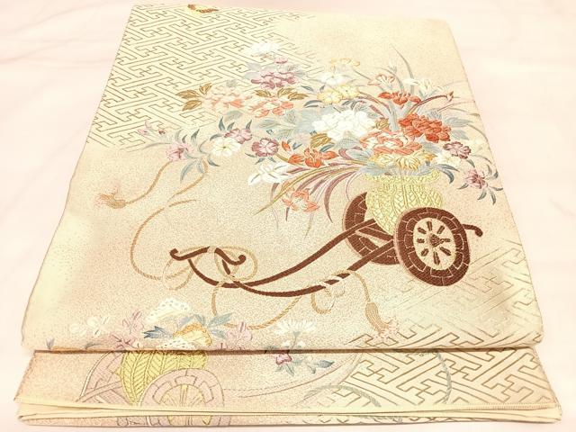 平和屋着物◎六通柄袋帯 唐織 紗綾形花車舞蝶文 金糸 正絹 逸品 AABL6042yx