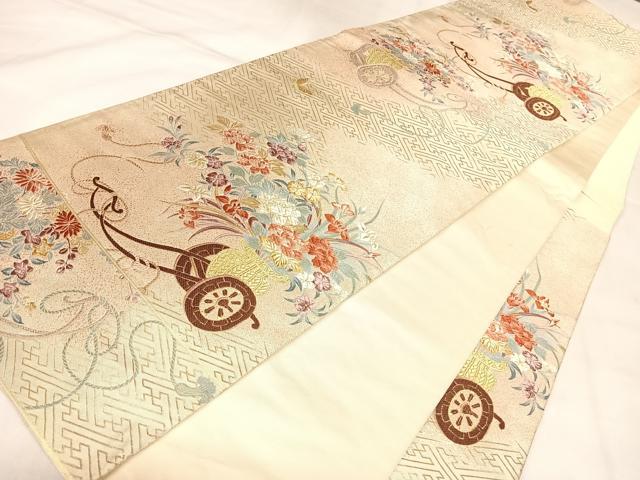 平和屋着物◎六通柄袋帯 唐織 紗綾形花車舞蝶文 金糸 正絹 逸品 AABL6042yx