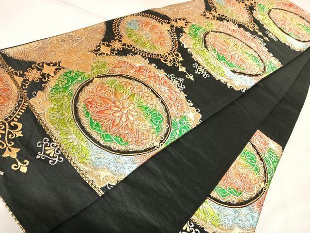 平和屋着物◎六通柄袋帯 正倉院花文 黒地 金銀糸 正絹 逸品 AABL6053yx