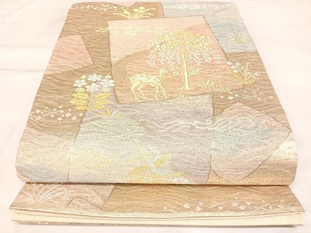 平和屋着物◎六通柄袋帯 明綴さざ波金錦 色紙重ね動物風景文 金銀糸 正絹 逸品 AABL6081yx