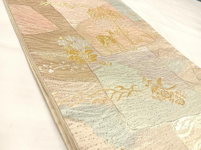 平和屋着物◎六通柄袋帯 明綴さざ波金錦 色紙重ね動物風景文 金銀糸 正絹 逸品 AABL6081yx