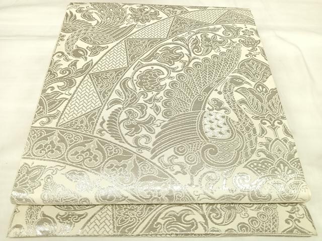 平和屋着物◎六通柄袋帯 孔雀花文 銀糸 正絹 逸品 AABL6085yx