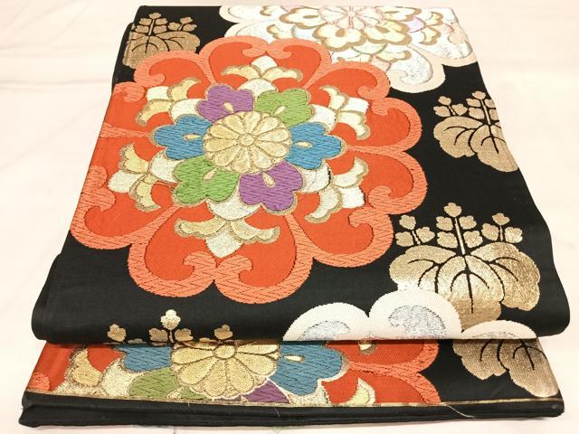 平和屋着物◎六通柄袋帯 唐織 舞花文 黒地 金銀糸 正絹 逸品 AABL6091yx