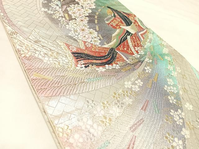 平和屋着物◎六通柄袋帯 唐織 立浪舞花女人文 金銀糸 正絹 逸品 AABL6092yx