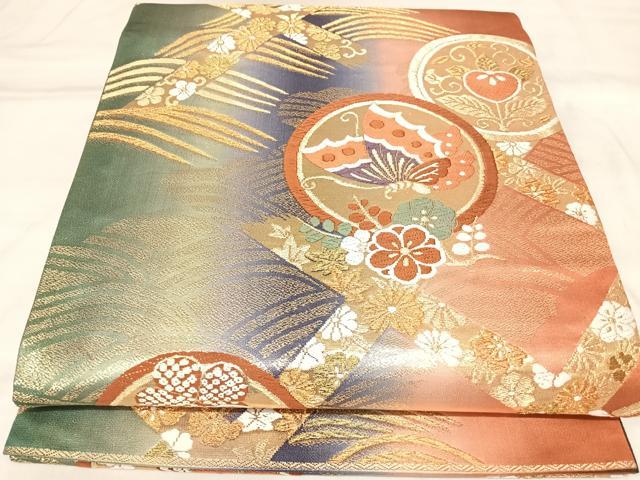 平和屋着物◎六通柄袋帯 唐織 立波天井花蝶丸文 金糸 正絹 逸品 AABL6093yx