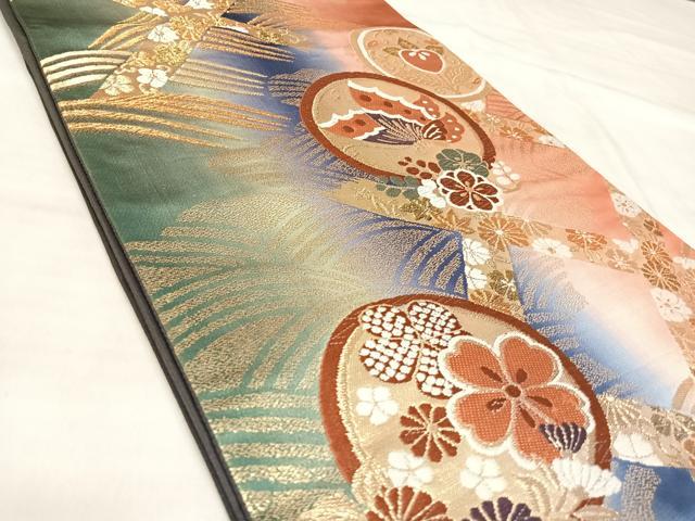 平和屋着物◎六通柄袋帯 唐織 立波天井花蝶丸文 金糸 正絹 逸品 AABL6093yx