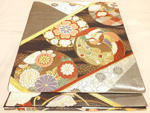 平和屋着物◎六通柄袋帯 唐織 裂取鳳凰花蝶丸文 金銀糸 正絹 逸品 AABL6101yx