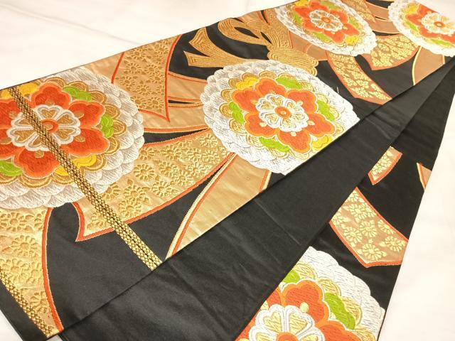 平和屋着物◎六通柄袋帯 唐織 束ね熨斗舞花文 黒地 金銀糸 正絹 逸品 AABL6110yx