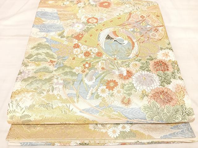 平和屋着物◎六通柄袋帯 唐織 流水飛鶴花鼓文 金糸 正絹 逸品 AABL6112yx
