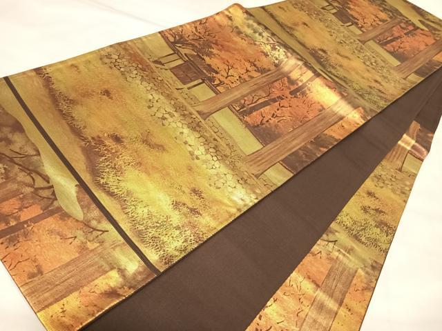 平和屋着物◎六通柄袋帯 風景文 金糸 引箔 正絹 逸品 AABL6118yx