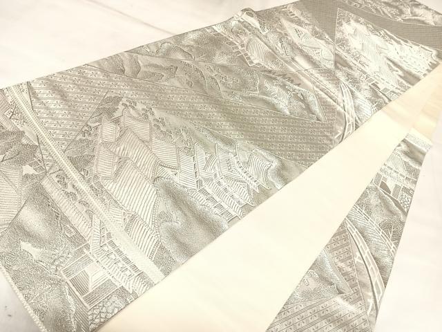 平和屋着物◎六通柄袋帯 裂取風景紋 ホワイトゴールド箔九百錦 正絹 逸品 AABL6131yx