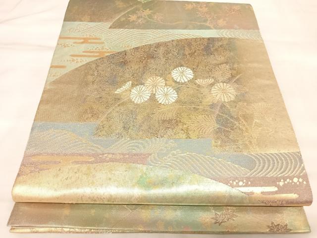 平和屋着物◎六通柄袋帯 エ霞流水草花文 賀美箔 金糸 引箔 正絹 逸品 AABL6140yx
