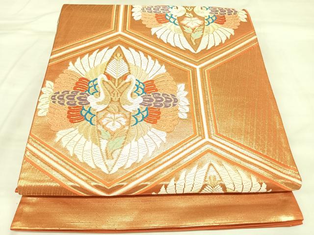 平和屋着物◎六通柄袋帯 唐織 亀甲双鳥花文 金糸 正絹 逸品 AABL6141yx