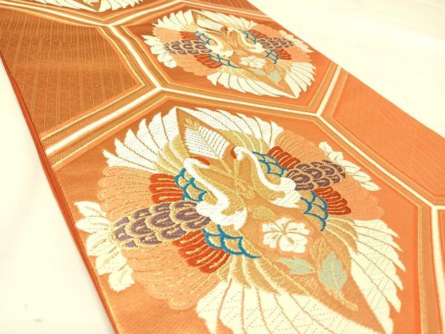 平和屋着物◎六通柄袋帯 唐織 亀甲双鳥花文 金糸 正絹 逸品 AABL6141yx