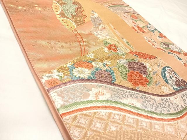 平和屋着物◎太鼓柄袋帯 唐織 麗姿紫式部図 金銀糸 引箔 正絹 逸品 AABL6158yx