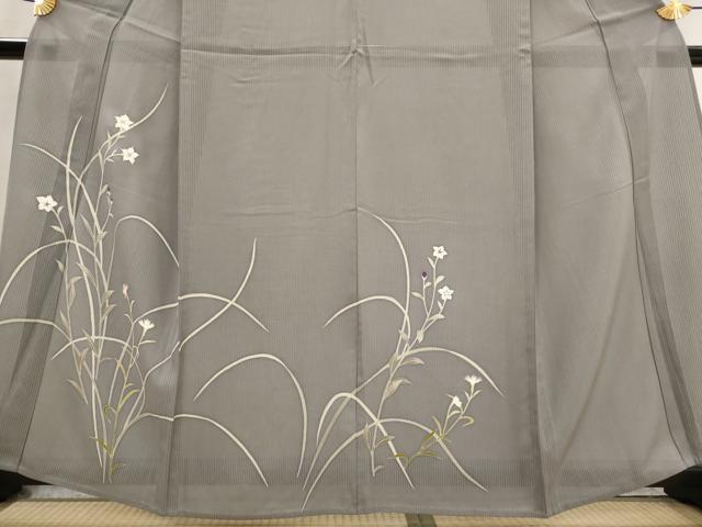 平和屋着物*夏物 訪問着 縦絽 草花文 銀彩 反端付き 正絹 逸品 AABL6210st