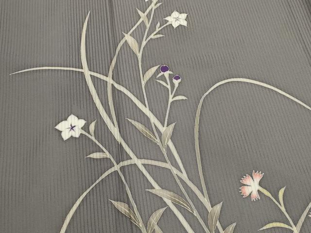 平和屋着物*夏物 訪問着 縦絽 草花文 銀彩 反端付き 正絹 逸品 AABL6210st