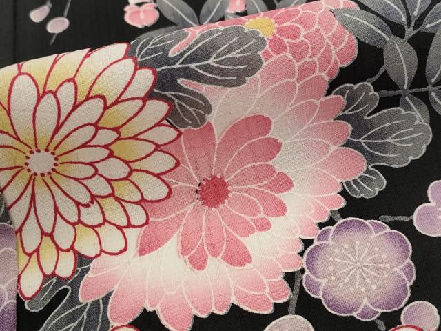 平和屋着物*夏物 小紋 紗 花蝶文 黒地 洗える着物 AABL6255st