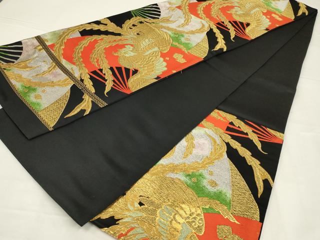 平和屋着物◎六通柄袋帯 唐織 扇面鳳凰文 黒地 金糸 正絹 逸品 未使用 AABL6363ou