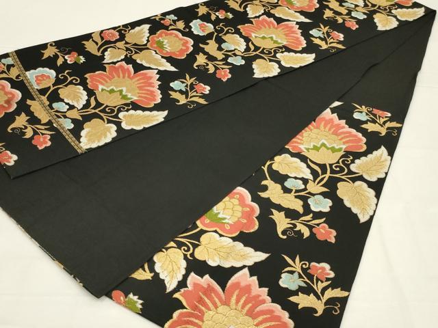平和屋着物◎六通柄 本袋帯 唐織 更紗花文 黒地 金糸 AABL6379ou