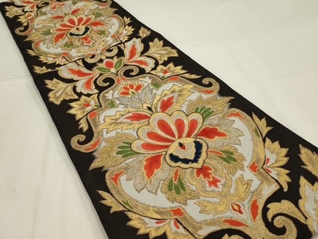 平和屋着物◎六通柄 本袋帯 唐織 飾花文 黒地 金糸 三越扱い 正絹 逸品 AABL6388ou
