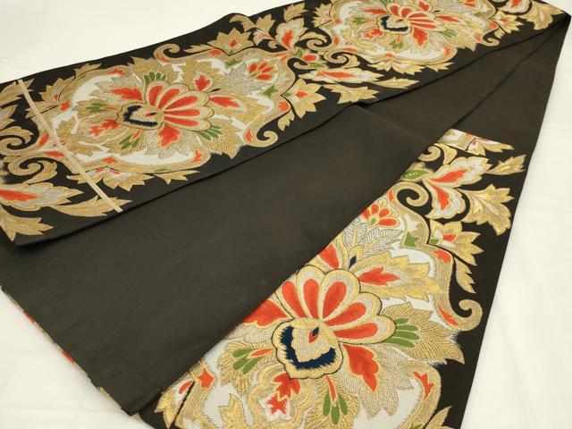 平和屋着物◎六通柄 本袋帯 唐織 飾花文 黒地 金糸 三越扱い 正絹 逸品 AABL6388ou
