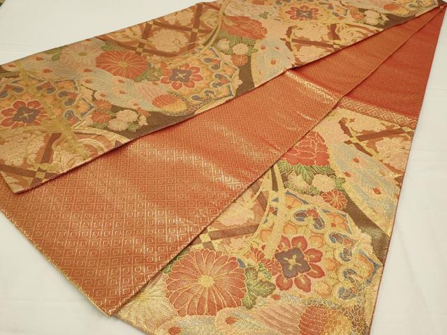 平和屋着物◎佐賀錦 六通柄袋帯 孔雀花文 金糸 正絹 逸品 AABL6395ou