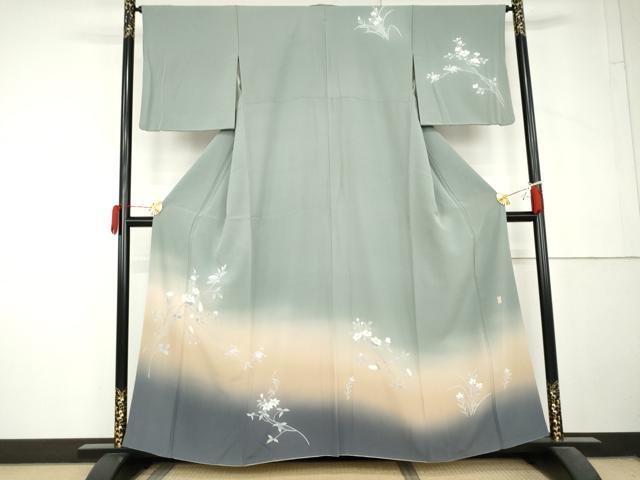 平和屋着物●十日町友禅作家 松雨 訪問着 枝花文 暈し染め 正絹 逸品 AABL6416cs