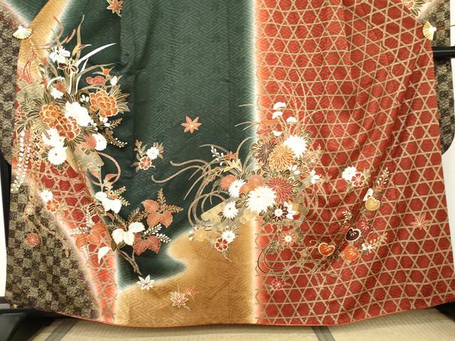 平和屋着物●豪華振袖 駒刺繍 花筏文 暈し染め 金彩 正絹 逸品 AABL6422cs