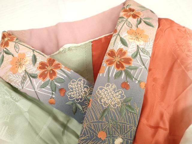 平和屋着物●振袖用長襦袢 無双仕立て 檜扇花地紋 暈し染め 半衿刺繍 正絹 逸品 AABL6434cs