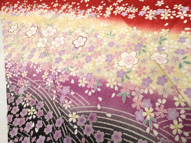 平和屋着物●豪華振袖 舞桜文 暈し染め 金通し地 正絹 逸品 AABL6435cs