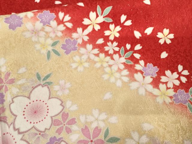 平和屋着物●豪華振袖 舞桜文 暈し染め 金通し地 正絹 逸品 AABL6435cs