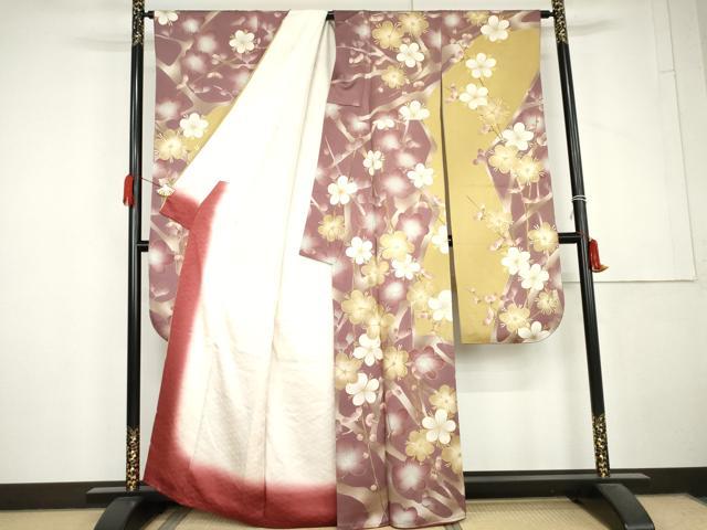 平和屋着物●紫綬褒章 巨匠『岩田専太郎』 振袖 駒刺繍 枝梅文 金彩 正絹 逸品 AABL6445cs